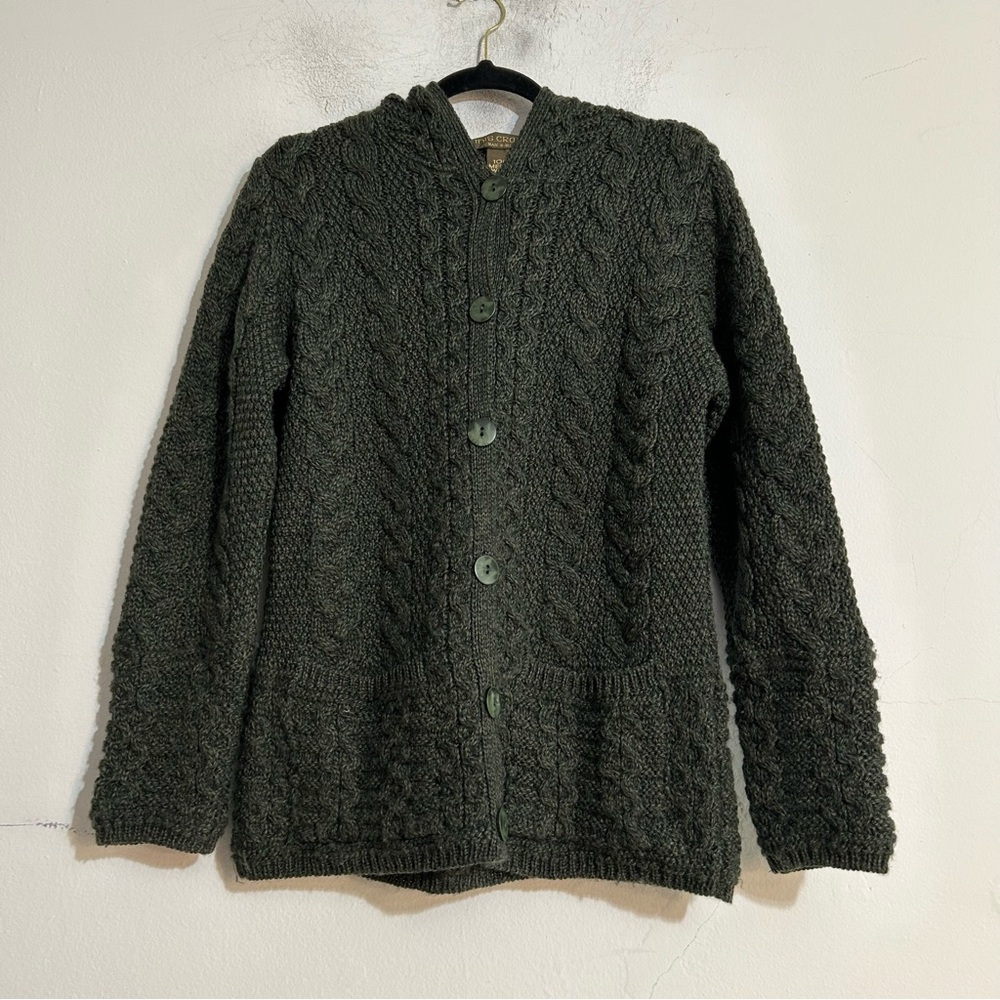 Inis Crafts Merino Wool Green Cable Knit Fisherman Cardigan Hooded Sweater